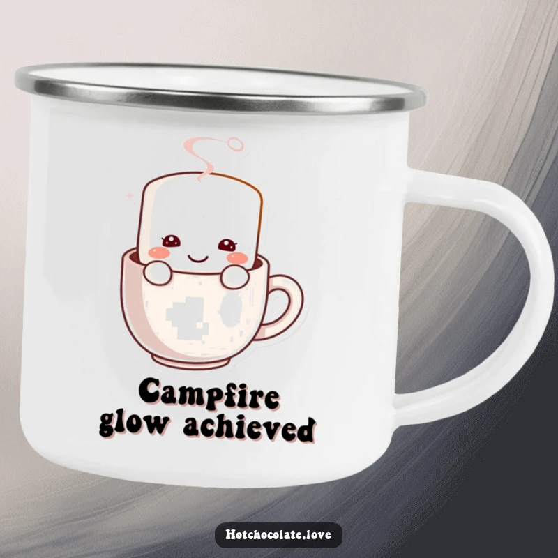 Funny Marshmallow Camping Mug: A happy marshmallow smiling from a steaming mug, ready for outdoor hot beverages.