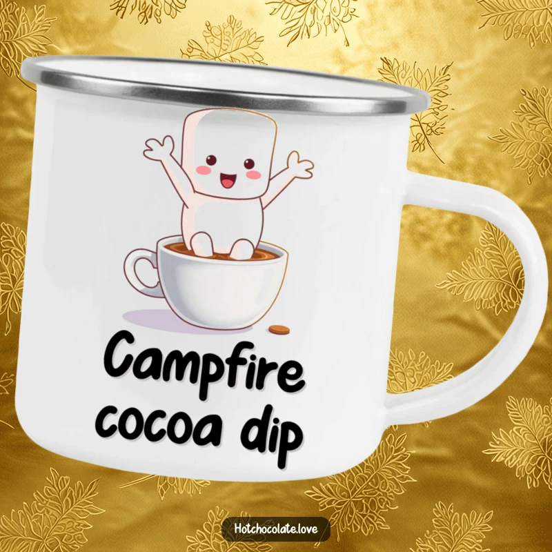Funny camping mug showing a happy marshmallow character diving into a hot chocolate mug, ideal for outdoor humor and warm drinks.