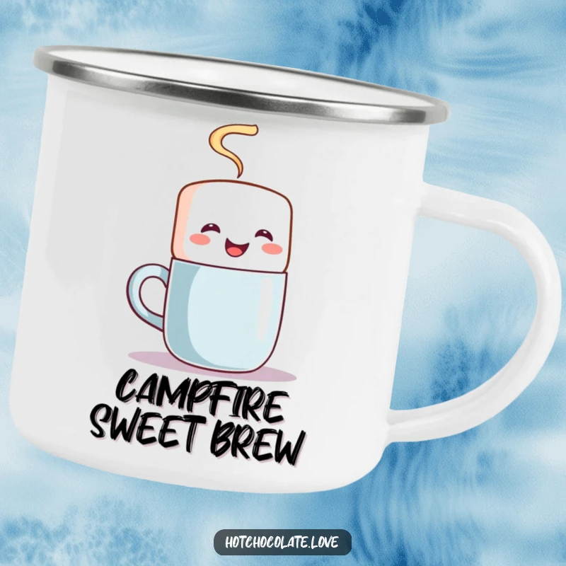 Funny camping mug with a happy marshmallow character stirring a steaming mug, ideal for outdoor relaxation.