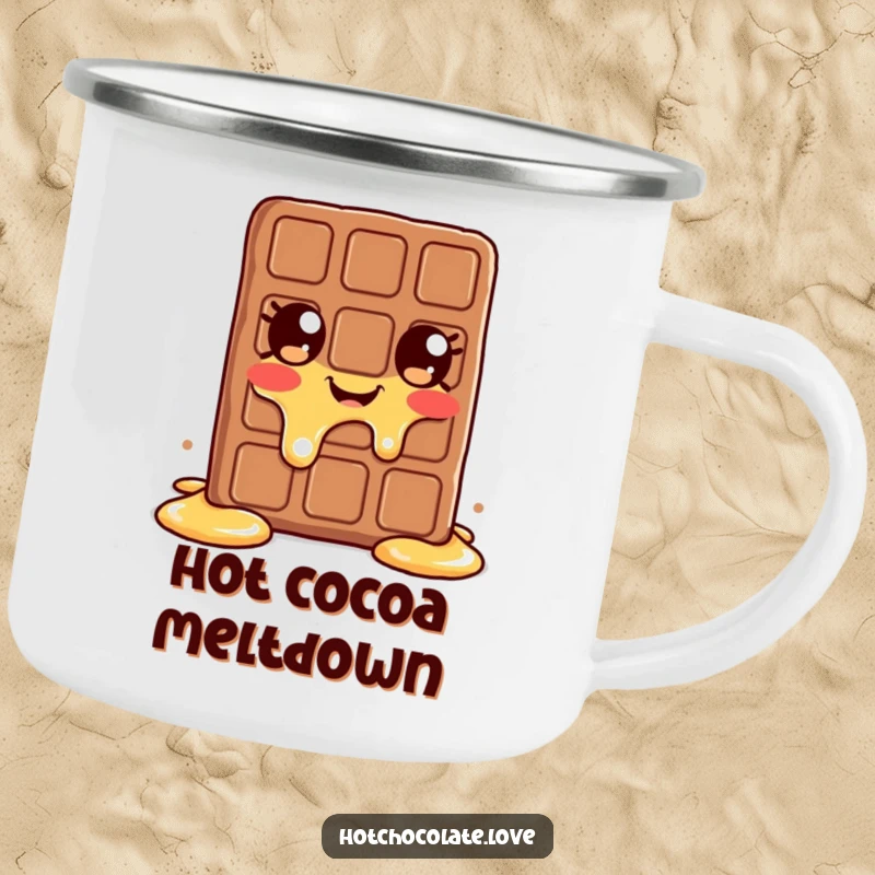 Funny melting chocolate bar camping mug, cheerful and melting, ideal for outdoor hot drinks.