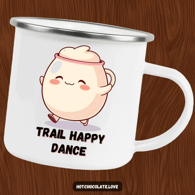 Funny skipping mug camping mug, a happy, round mug character joyfully skipping, perfect for outdoor drinks.