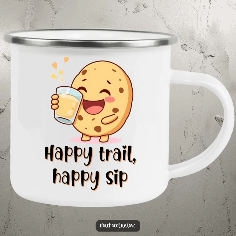 Funny happy cookie camping mug, joyfully taking a big sip, perfect for outdoor drinks with cheerful, jovial enjoyment.
