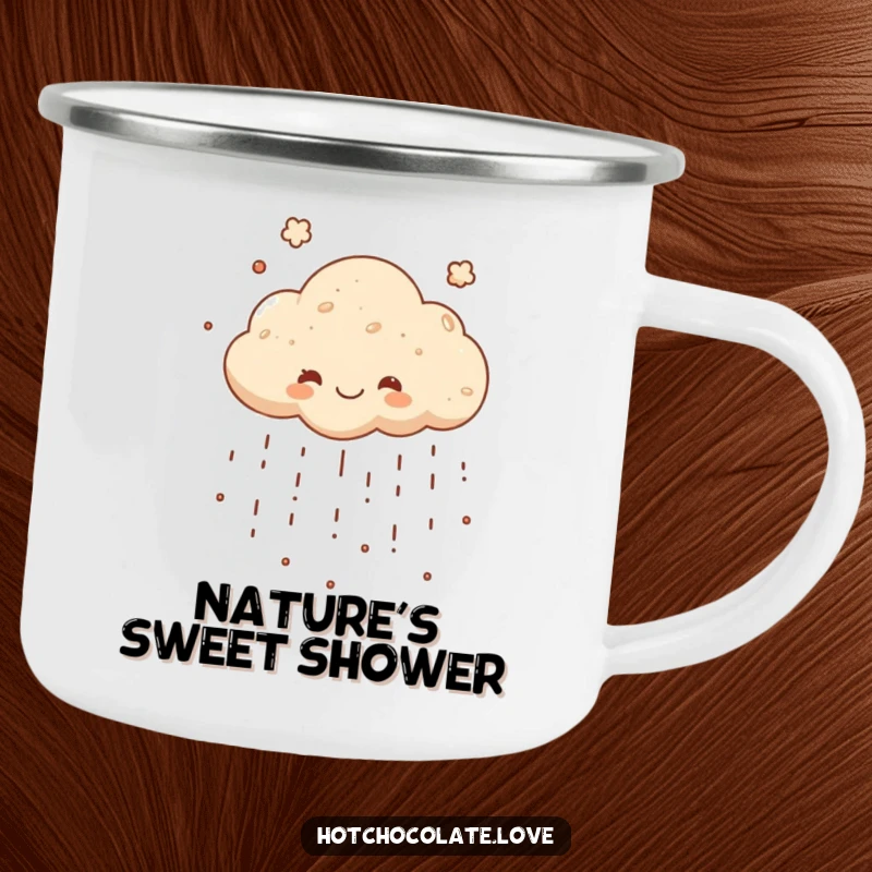 Funny camping mug featuring a happy cocoa powder cloud raining down, adding sweet humor and chocolatey cheer to outdoor beverages.