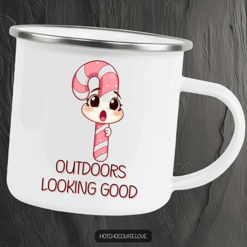 A surprised candy cane looking at its reflection, depicted on a rugged camping mug, ideal for outdoor beverage enjoyment.