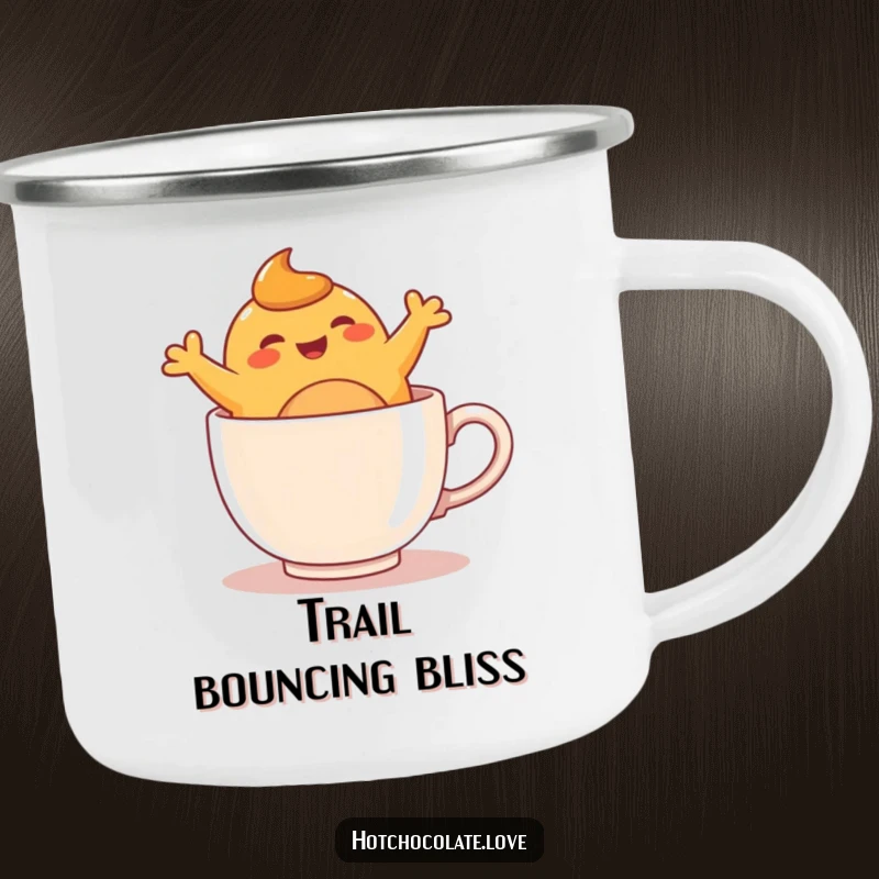 Funny caramel blob doing joyful leaps inside a warm mug, printed on a rugged camping mug for outdoor fun.
