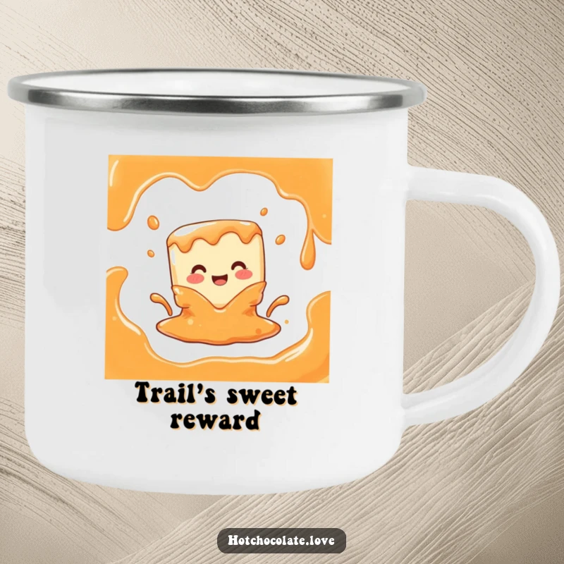 Funny camping mug with a joyful caramel cube character melting into a delicious liquid, perfect for enjoying beverages outdoors with humor.