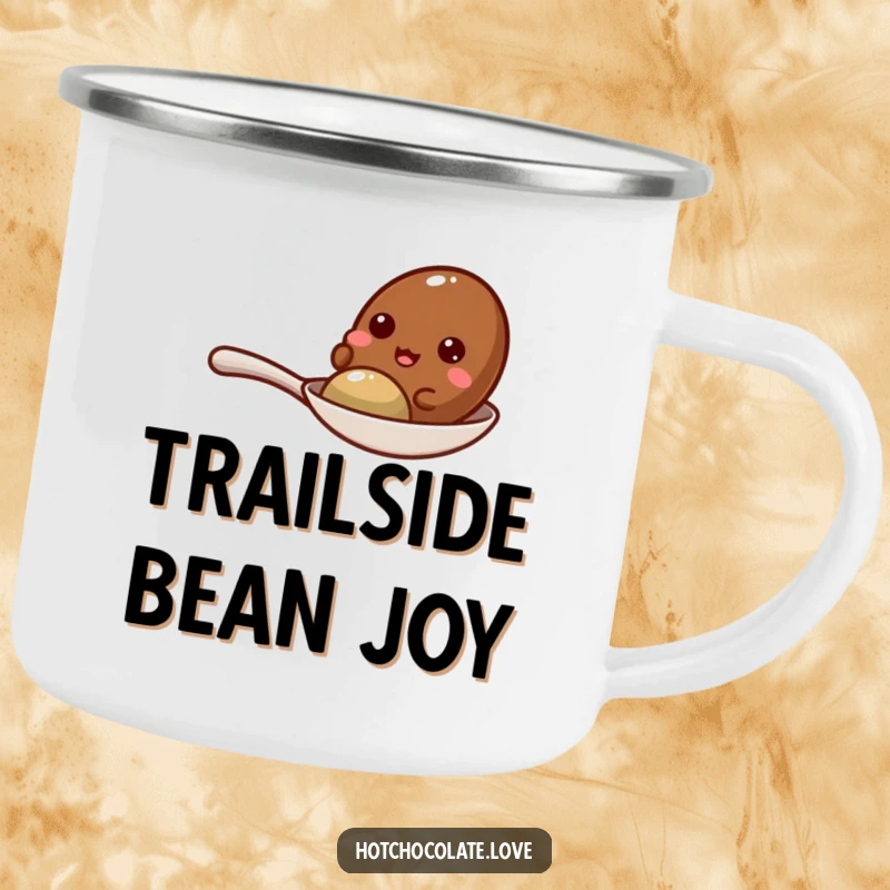 Funny cocoa bean giggling on a tiny spoon, designed for durability on a camping mug.