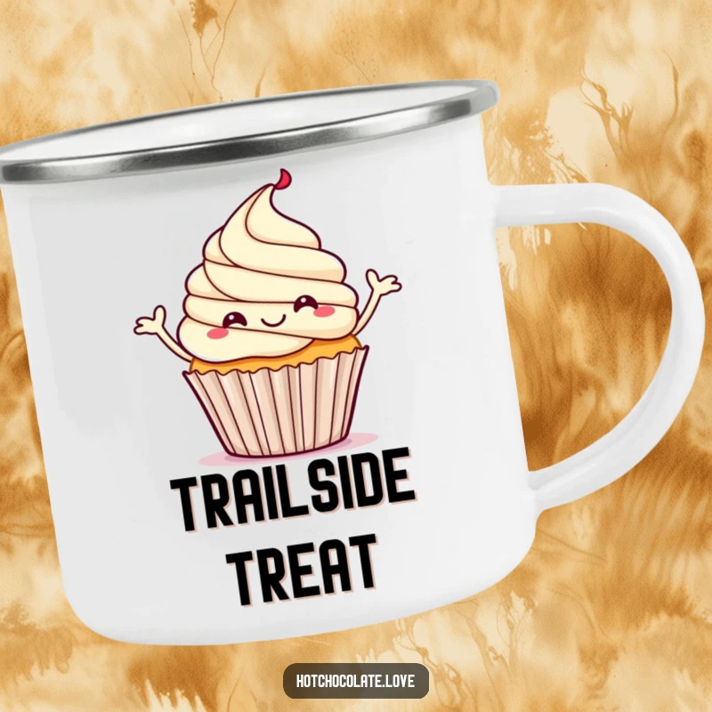 Funny camping mug featuring a happy cupcake with steam rising, doing a cheerful little jig.