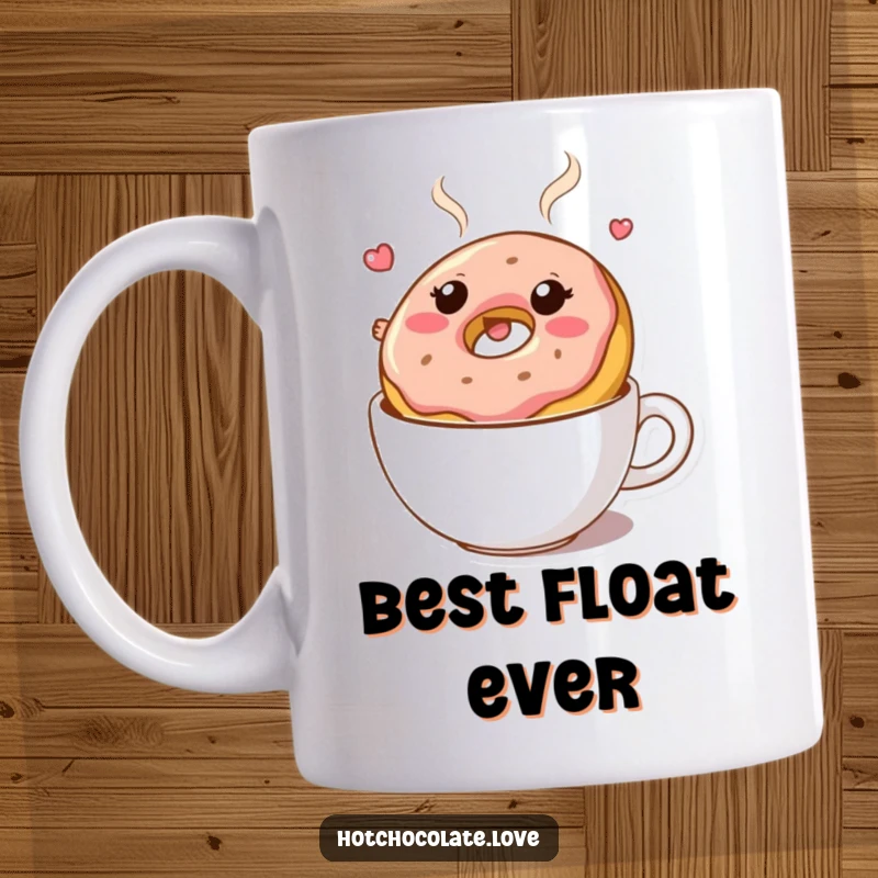 Funny mug: A bouncy donut character happily floating in a mug of hot chocolate. Sweet and fun design.