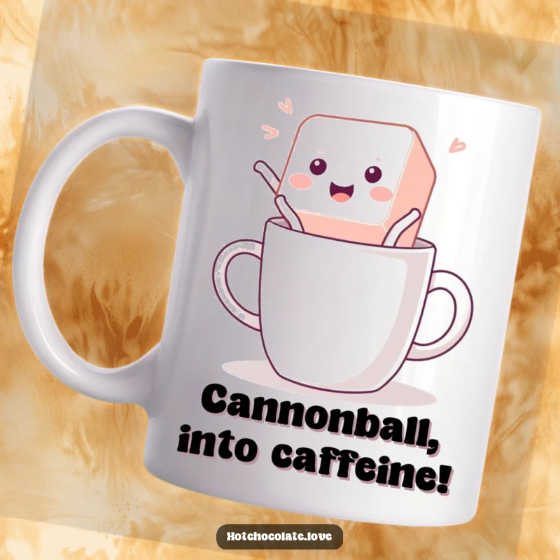 Funny Mug featuring a playful sugar cube mid-jump into the coffee, capturing a moment of sweet excitement and fun.