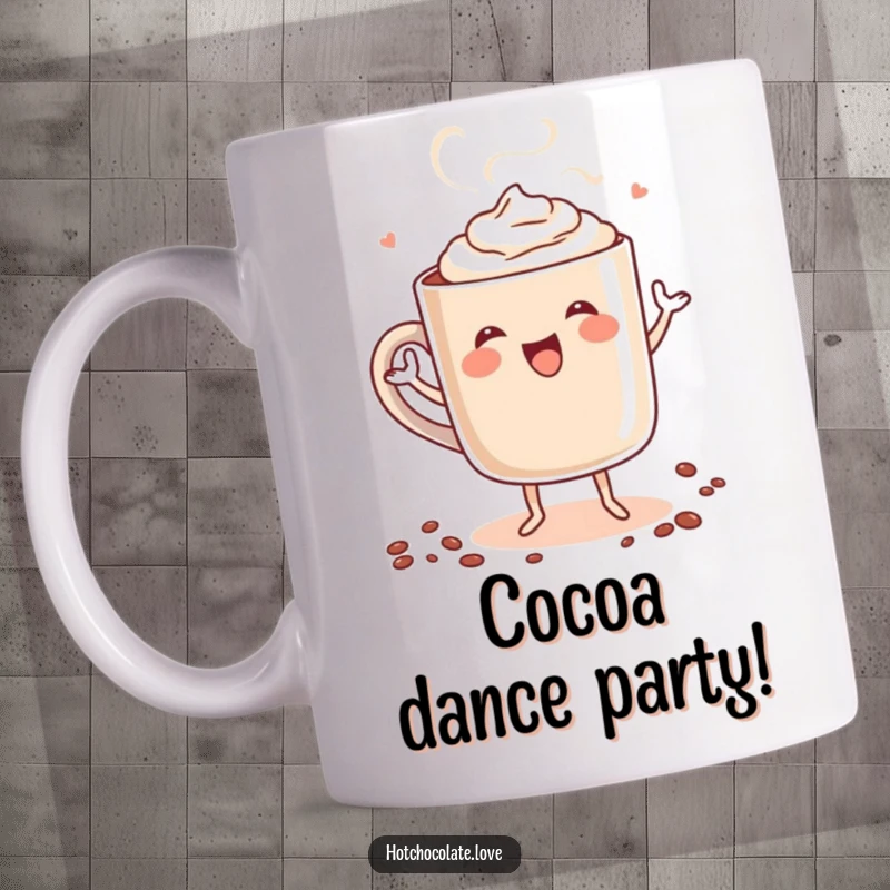 Funny mug featuring a steaming mug of hot chocolate personified, joyfully dancing with delight, celebrating cozy comfort and happiness.