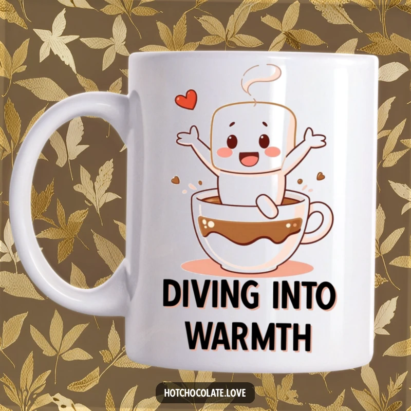 Funny mug depicting a cheerful marshmallow character gleefully leaping into a steaming mug of hot chocolate, embodying pure joy.