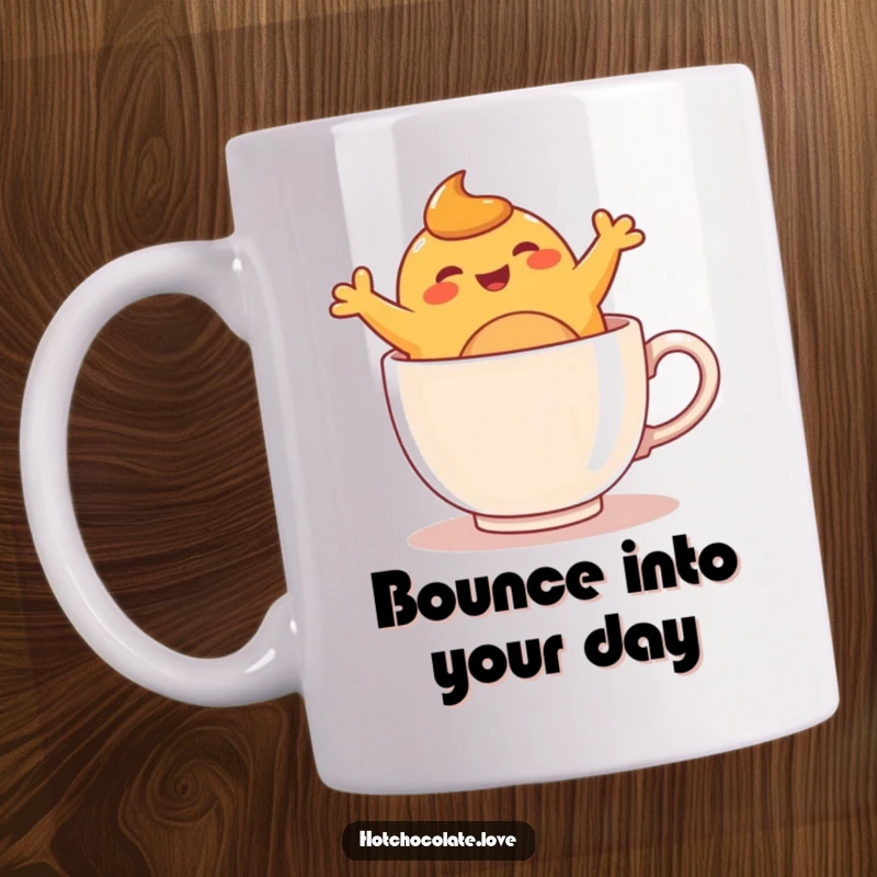 Funny anthropomorphic caramel blob joyfully bouncing inside a warm mug, depicted on a delightful and humorous coffee cup.