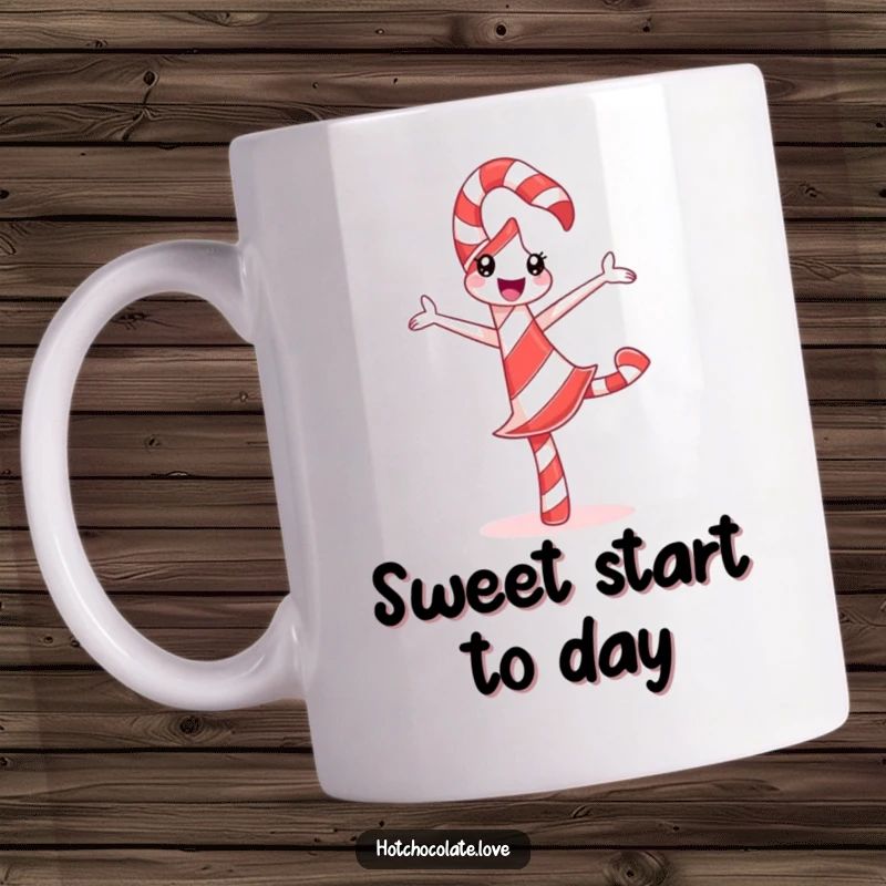 Funny Candy Cane Mug featuring a delighted, anthropomorphic candy cane doing a silly pirouette with festive stripes.