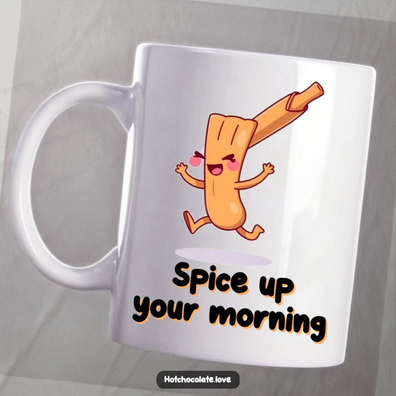 Funny cinnamon stick character doing a mischievous hop, depicted on a mug, showcasing playful energy and spice.