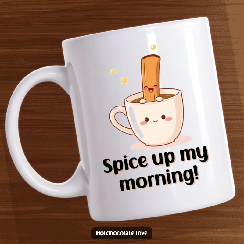 Funny Mug featuring a delighted cinnamon stick joyfully twirling within a steaming mug, embodying cozy warmth and playful spirit.