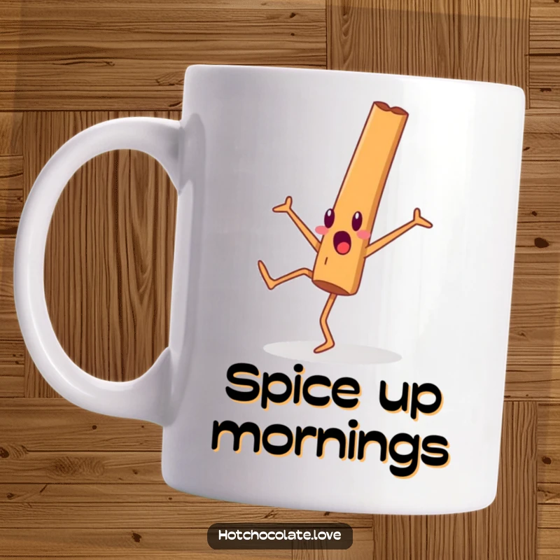 Funny surprised cinnamon stick character doing a dynamic cartwheel on a mug, full of spicy energy.