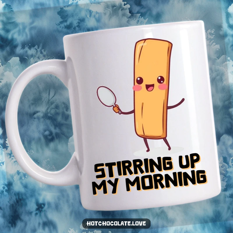 Funny Cinnamon Stick Spoon Mug: A cheerful cinnamon stick happily holds a tiny spoon, ready to stir up some joy.