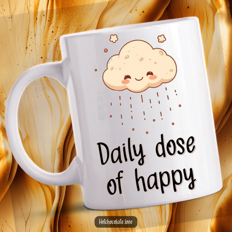 Funny mug featuring a happy cocoa powder cloud joyfully raining down, bringing a sweet and humorous chocolatey theme.
