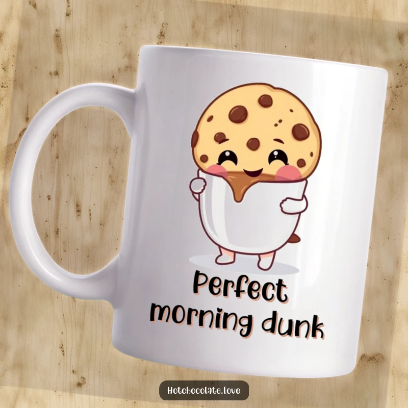 Funny Cookie Mug: A cheerful chocolate chip cookie happily dipping into a steaming mug of hot chocolate, pure joy.