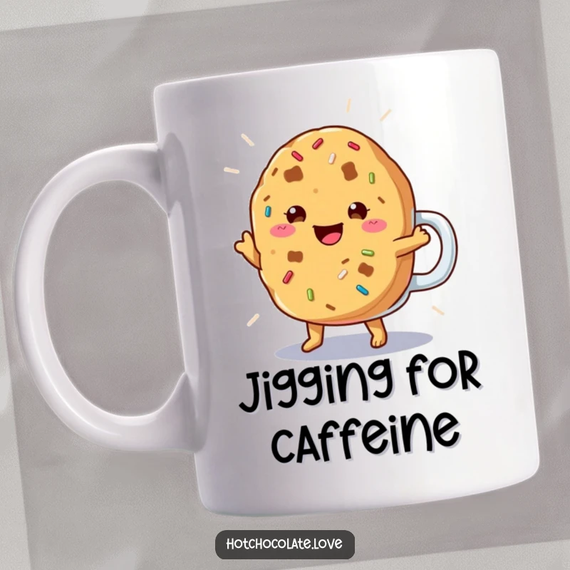 Funny Cookie Mug featuring a cheerful, anthropomorphic cookie with sprinkles doing a happy jig inside a frosty mug.
