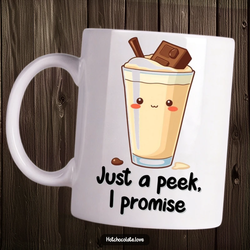 Funny curious chocolate chip peeking out from a rich, dark drink, symbolizing playful intrigue and delicious discovery for mug lovers.