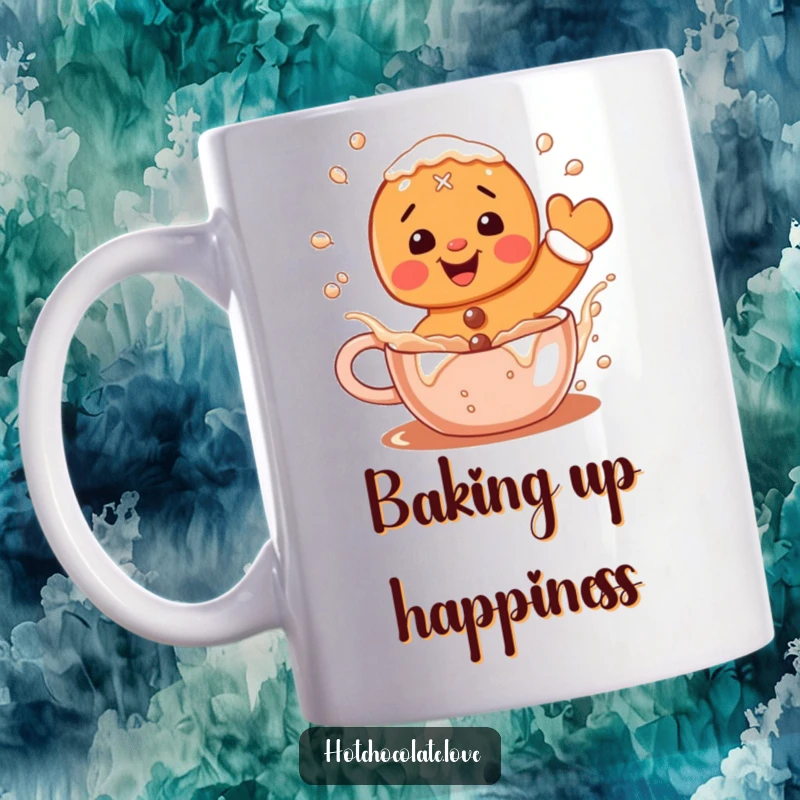 Funny Gingerbread Mug: A delighted gingerbread man playfully splashing in a mug of hot cocoa, radiating festive joy.