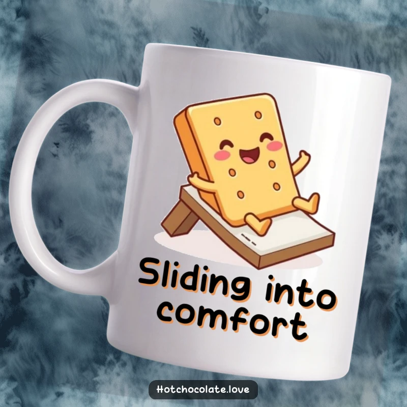 Funny Mug featuring a jolly graham cracker doing a happy slide, capturing a moment of pure, sweet delight.