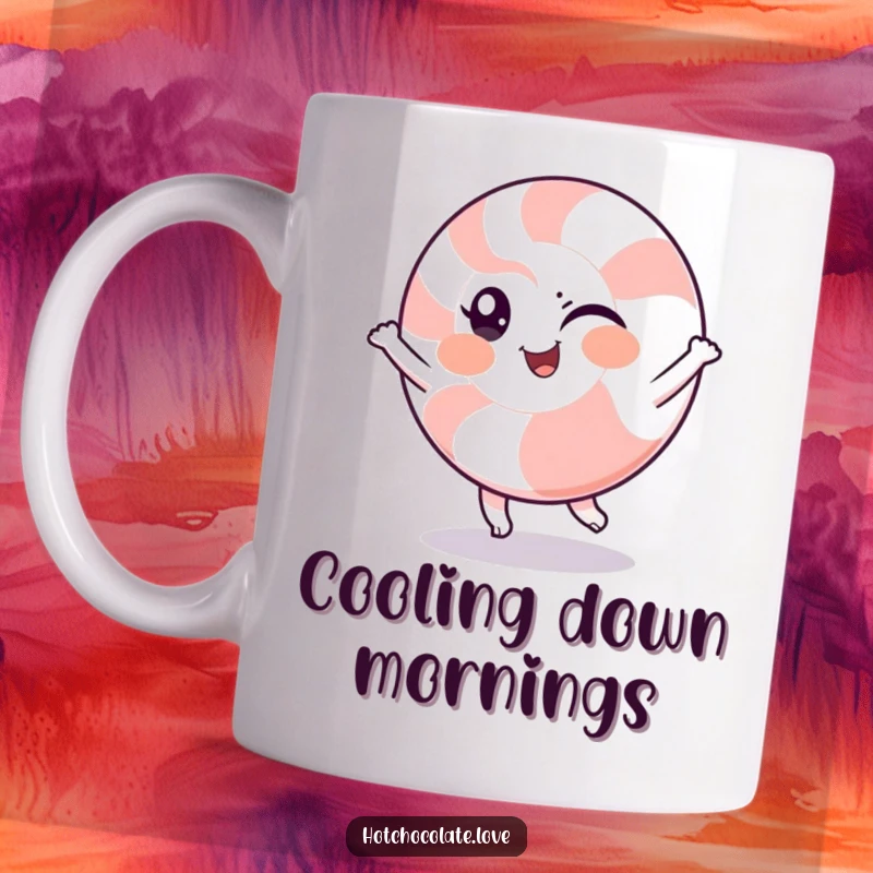 Funny mug featuring a winking peppermint character joyfully spinning, radiating coolness and playful energy.