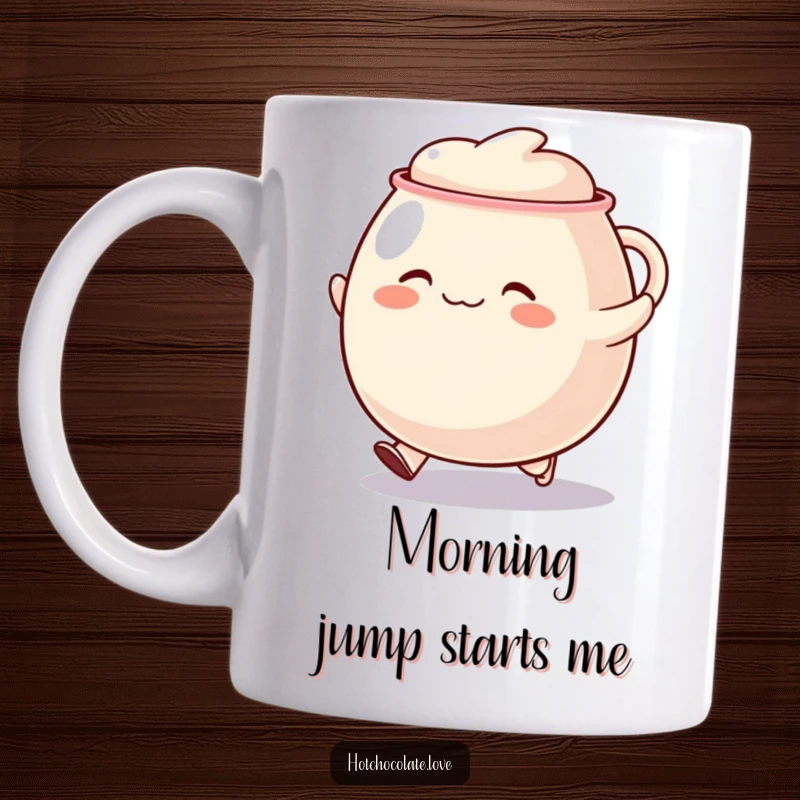 Funny skipping mug, a plump, round mug with a happy face joyfully doing a little skip, full of energy.