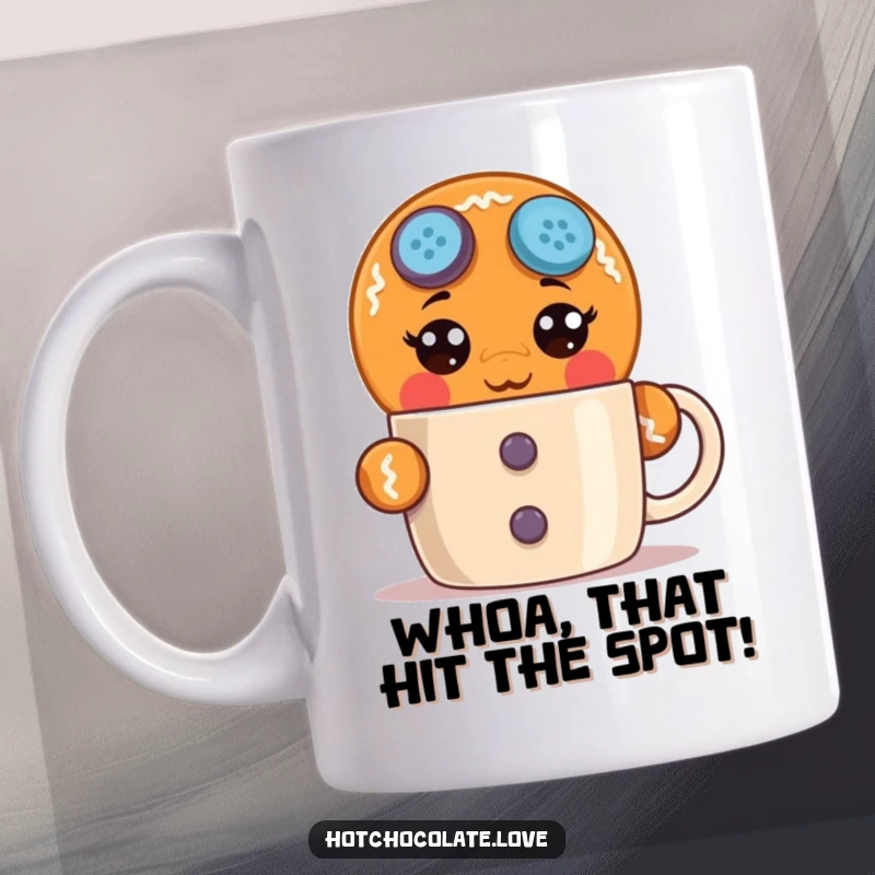 Funny surprised gingerbread man mug with wide button eyes peeking over the rim, expressing shock and delight with a humorous, festive design.