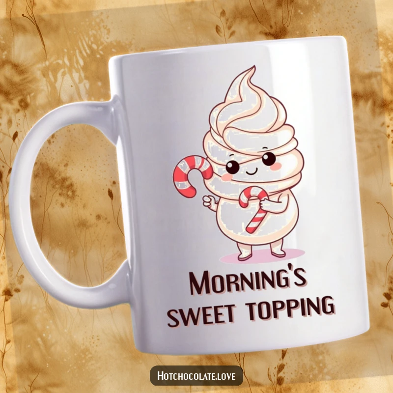 Funny whipped cream in a mug proudly holding a tiny candy cane, showcasing a joyful Christmas moment, perfect for holiday lovers.