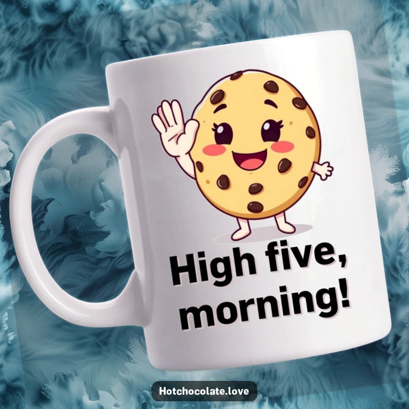 Funny anthropomorphic chocolate chip cookie smiling and enthusiastically giving a high-five on a cheerful coffee mug.