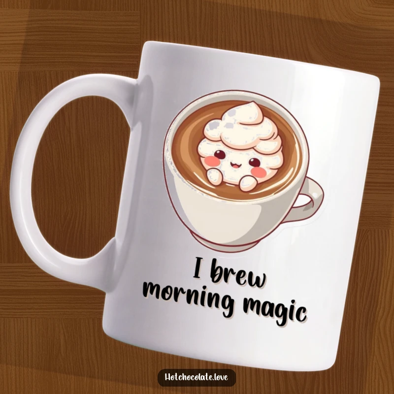 Funny mug featuring a playful cocoa powder puff character joyfully floating in a steaming hot drink, evoking warmth and happiness.