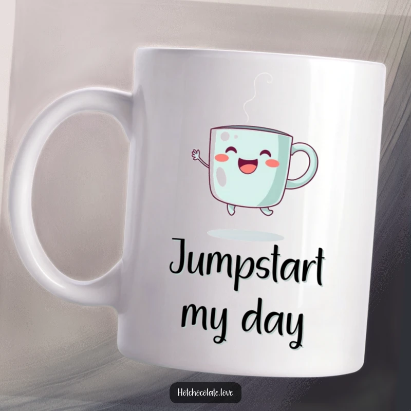 Funny steaming coffee mug doing a joyful jump, radiating happiness and energy, perfect for a cheerful morning beverage.