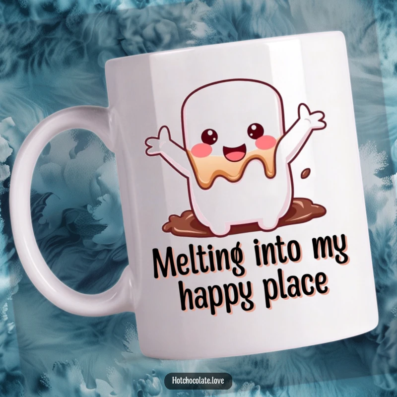 Funny Mug featuring a happy marshmallow with arms wide, joyfully melting into rich chocolate, embodying pure comfort and delight.