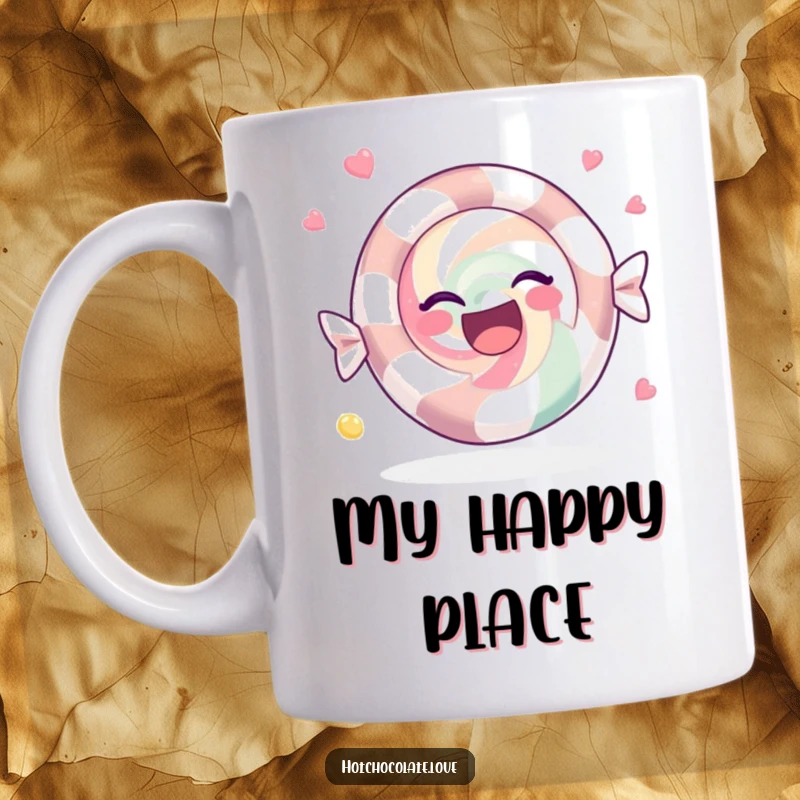 Funny Mug featuring a content peppermint candy spinning joyfully, radiating happiness and sweet cheer.