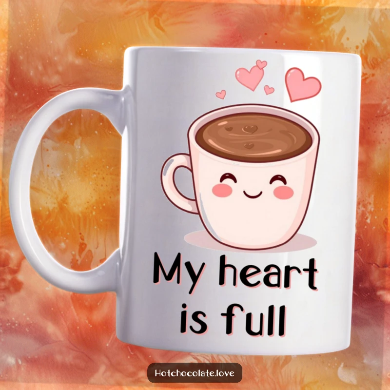 Funny Hot Chocolate Mug: A smiling anthropomorphic mug of hot chocolate with heart-shaped steam, radiating warmth and happiness.