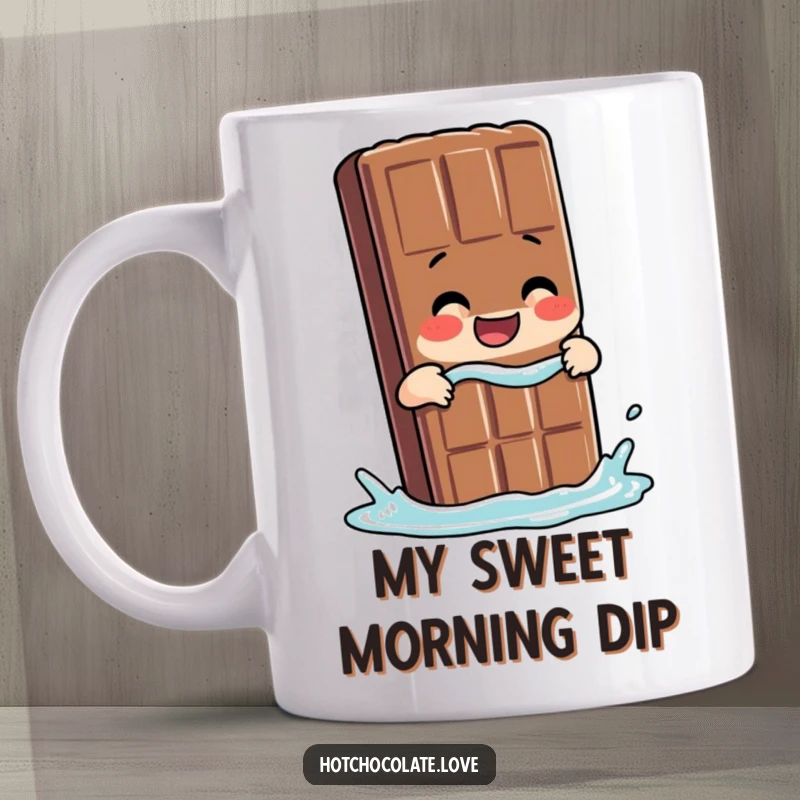 Funny Chocolate Bar Mug featuring a giggling chocolate bar person joyfully taking a dip, pure bliss.
