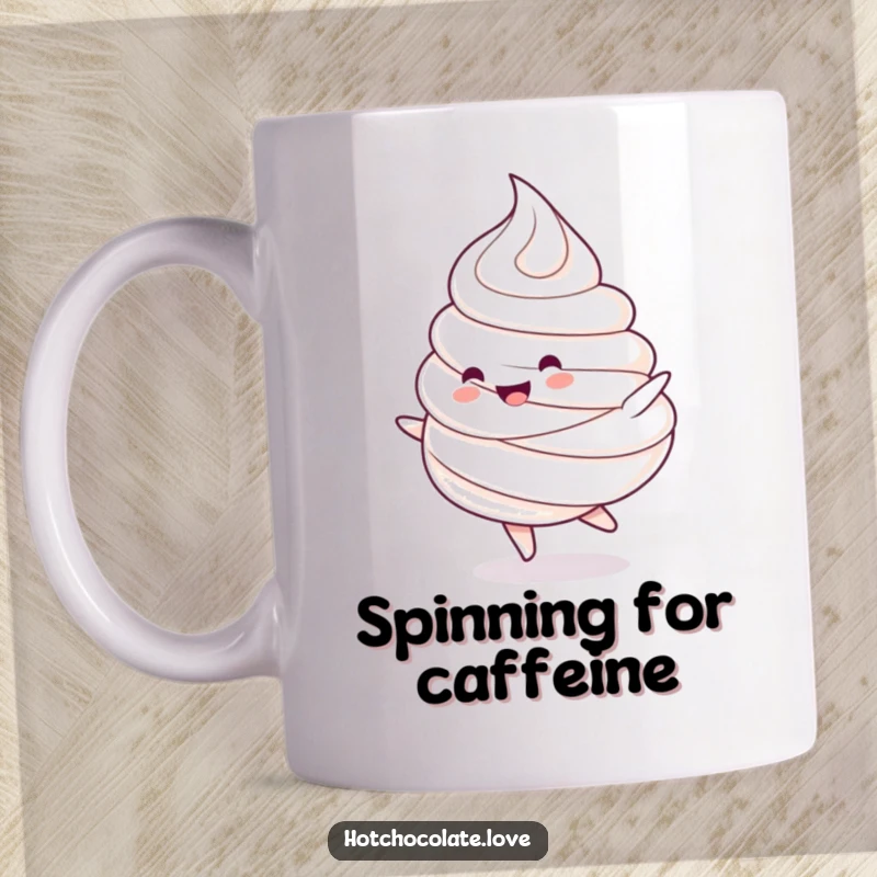 Funny mug: A charming whipped cream dollop character doing a happy spin. Sweet and joyful design.