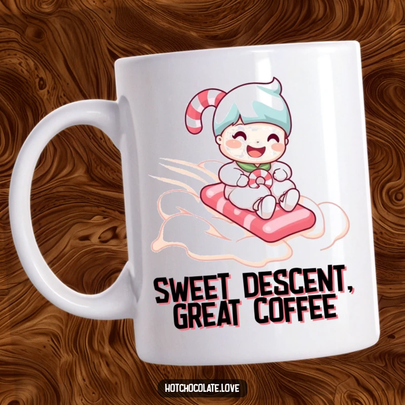 Funny candy cane person joyfully sliding down a creamy whipped cream slope on this festive mug.