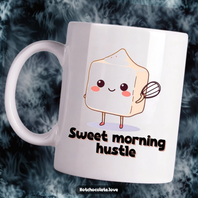 Funny smiling sugar cube expertly balancing a miniature whisk, perfect for a coffee mug.