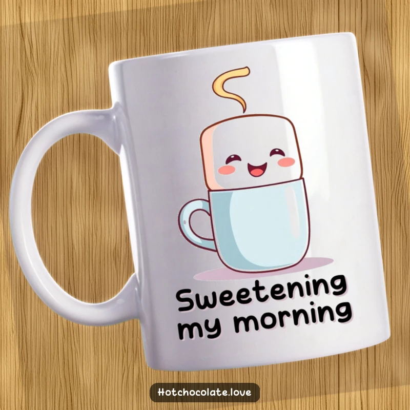 Funny mug showing a happy marshmallow character joyfully stirring a steaming mug of hot chocolate or coffee.
