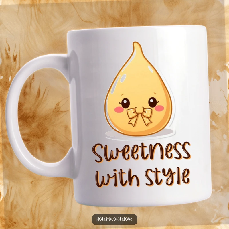 Funny Mug featuring a charming caramel drop adorned with a tiny bow, exuding sweetness and adorable style.