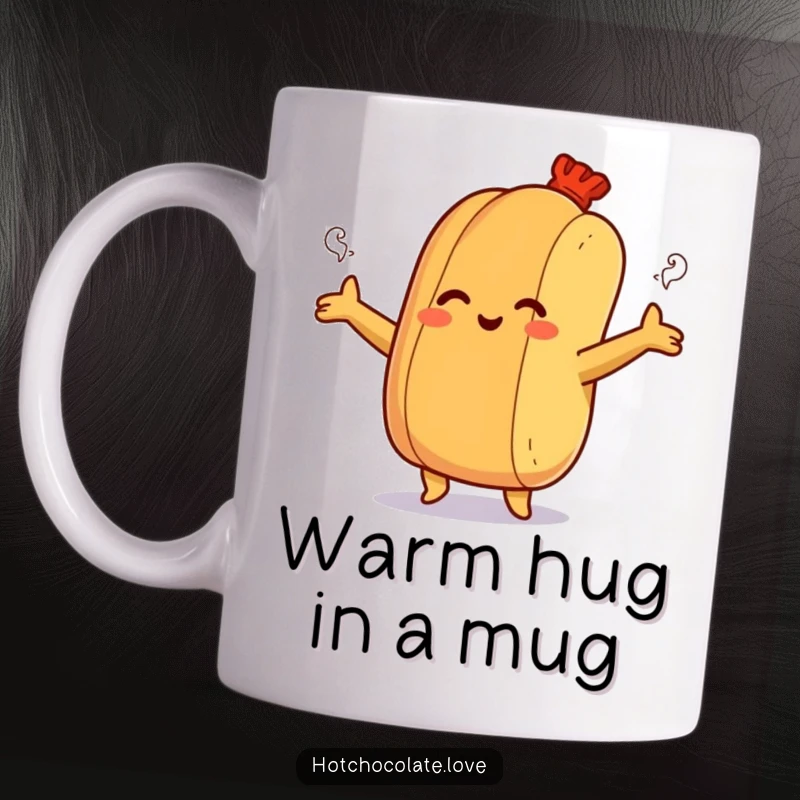 Funny mug featuring a smiling hot dog bun with arms outstretched, offering a cozy and steamy hug.