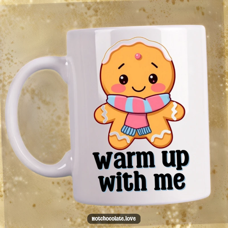 Funny Gingerbread Cookie Mug showing a delighted cookie wearing a tiny scarf, exuding holiday cheer and humor.