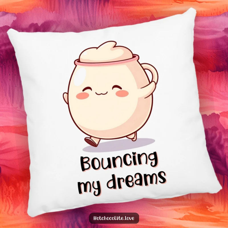 Funny skipping mug pillow, featuring a round, happy mug character doing a cheerful skip, perfect for cozy moments.