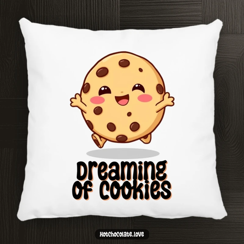 Funny pillow featuring a happy chocolate chip cookie character doing a joyful hop, perfect for comfort and whimsical decor.