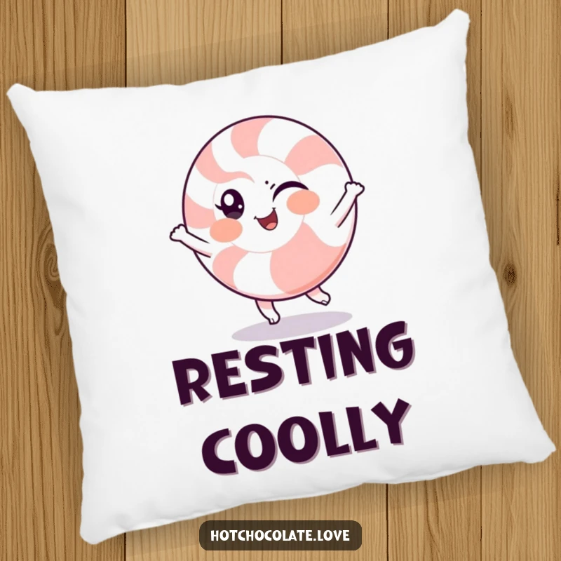 Funny pillow featuring a winking peppermint character doing a cheerful spin, offering cozy comfort and a cool, whimsical touch.