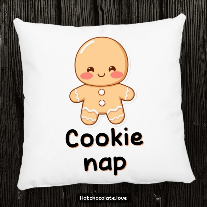 Funny gingerbread man pillow featuring a shy, blushing gingerbread man offering a warm greeting, perfect for comfort and cheer.